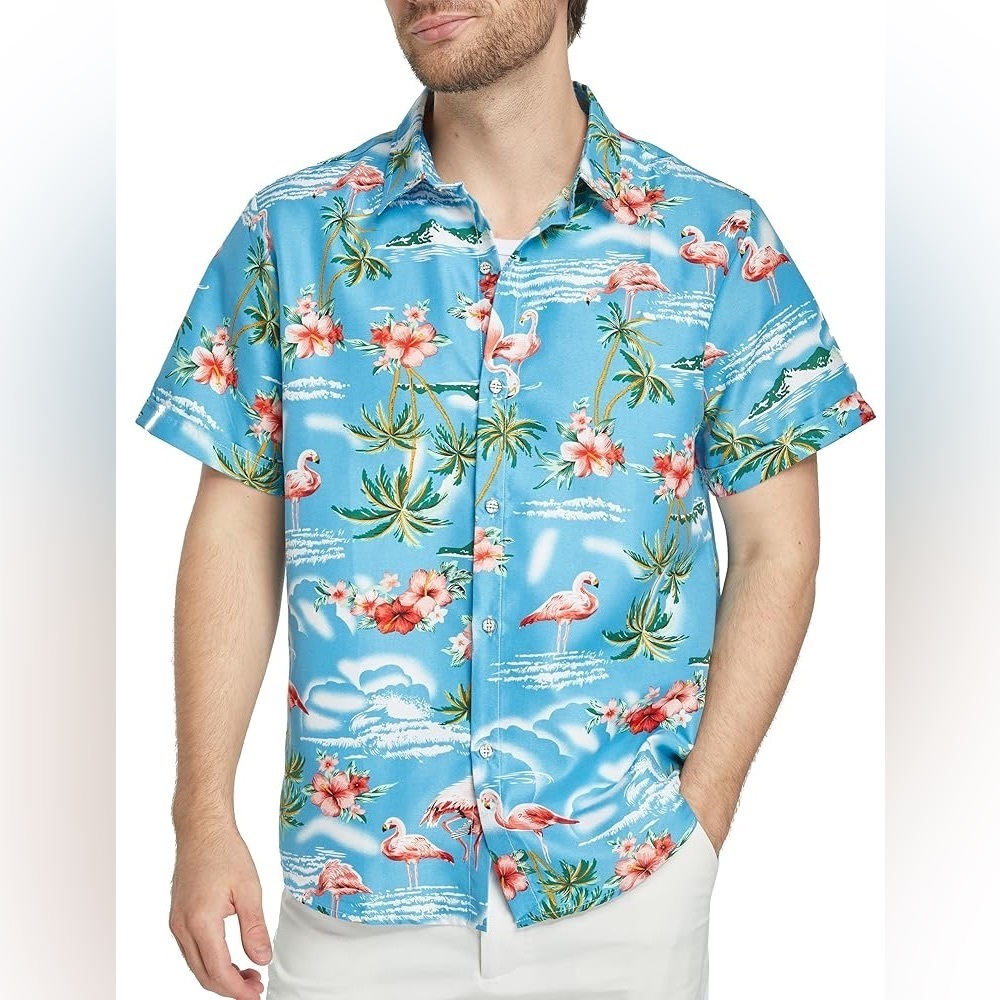 SSLR Men’s Collection Aqua Tropical Flamingo Hawaiian Button Up Shirt size S